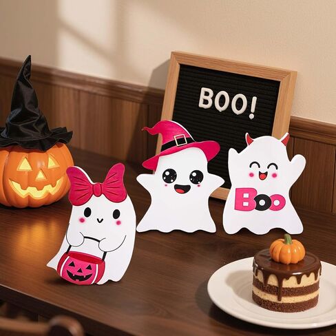 Pink Ghost Halloween Decorations Indoor, 3 Style Wooden Halloween Table Decor, Funny Wood Ghost Tiered Tray Decor Table Sign, for Party Home Office Shelf Display Girl Kids Gifts in Saudi Arabia