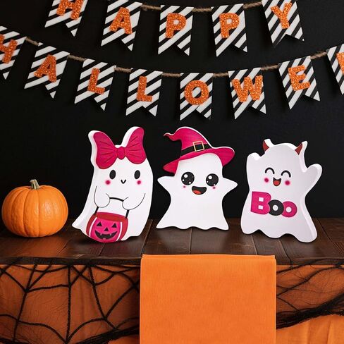 Pink Ghost Halloween Decorations Indoor, 3 Style Wooden Halloween Table Decor, Funny Wood Ghost Tiered Tray Decor Table Sign, for Party Home Office Shelf Display Girl Kids Gifts in Saudi Arabia