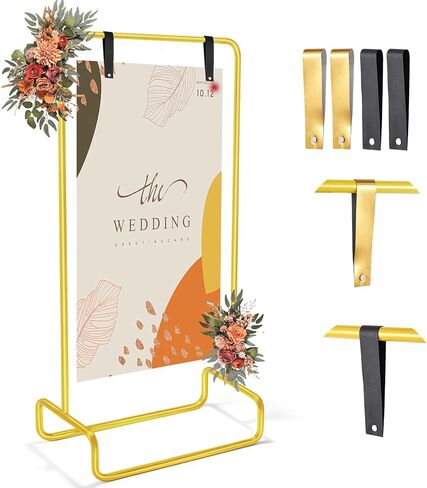 Nisoger Wedding Welcome Sign Stand, 68"x31"x 20" Heavy Duty Easel Stand for Sign with 4 Leather Strap, Welcome to Our Wedding Sign Holder, Metal Floor Standing Easels for Signs, Poster, Gold in Kuwait