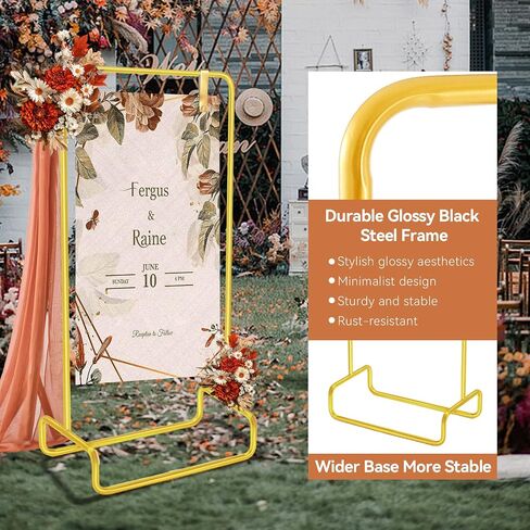 Nisoger Wedding Welcome Sign Stand, 68"x31"x 20" Heavy Duty Easel Stand for Sign with 4 Leather Strap, Welcome to Our Wedding Sign Holder, Metal Floor Standing Easels for Signs, Poster, Gold in Kuwait