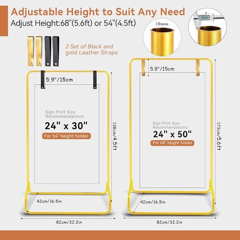 Nisoger Wedding Welcome Sign Stand, 68"x31"x 20" Heavy Duty Easel Stand for Sign with 4 Leather Strap, Welcome to Our Wedding Sign Holder, Metal Floor Standing Easels for Signs, Poster, Gold in Kuwait