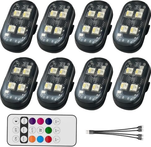 4PCS Wireless LED Strobe Lights with Remote Control, RGB 8 Colors Multifunction, USB Charging Waterproof Anti-Collision Tail Warning Mini Light for Car Motorcycle Trucks Bike Drone Aircraft (4) in Kuwait