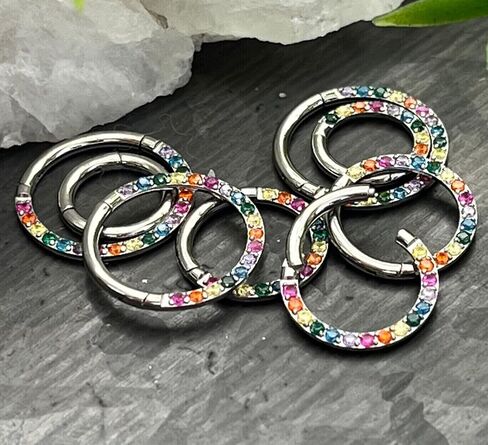 1 Piece Rainbow CZ Gems Front Hinged Segment Ring - Septum Hoop Pride Helix Daith -16g - Body Jewelry in Saudi Arabia