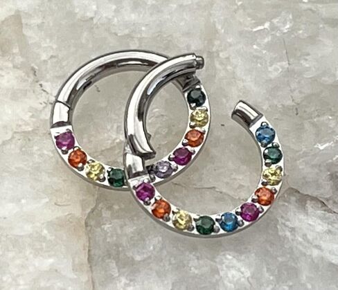 1 Piece Rainbow CZ Gems Front Hinged Segment Ring - Septum Hoop Pride Helix Daith -16g - Body Jewelry in Saudi Arabia
