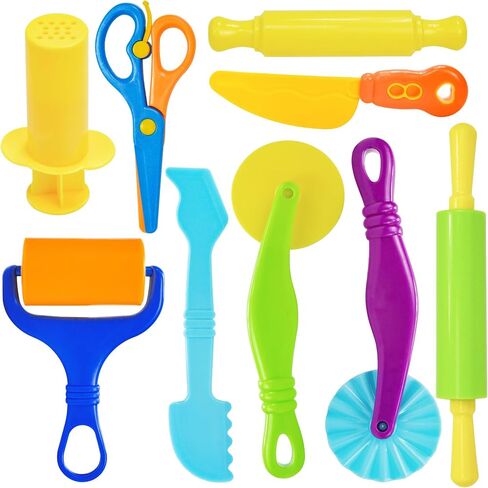 Jaeespon Dough Play Tools for Kids- Dough Accessories Molds Dinosaur Fruit Roller Cutter Scissor and Storage Box, Party Favors Set for Age 2-8 in Kuwait