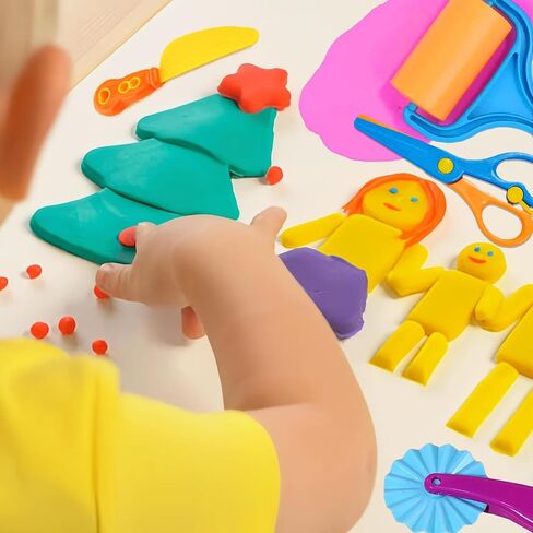 Jaeespon Dough Play Tools for Kids- Dough Accessories Molds Dinosaur Fruit Roller Cutter Scissor and Storage Box, Party Favors Set for Age 2-8 in Kuwait