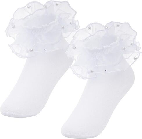 2 حزمة الفتيات جوارب الدانتيل الدانتيل الجوارب الجدة لؤلؤة زخرفة فطائر فاخرة جوارب متوترة للطفل الفتيات الصغيرات in Kuwait
