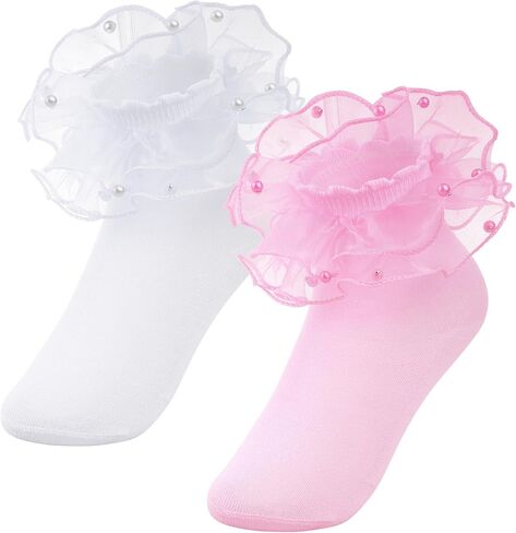 2 Pack Girls Ruffle Lace Socks Novelty Pearls Frilly Dress Fancy Ruffled Socks for Toddler Little Girls in Saudi Arabia
