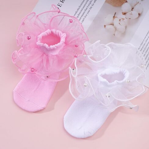 2 Pack Girls Ruffle Lace Socks Novelty Pearls Frilly Dress Fancy Ruffled Socks for Toddler Little Girls in Saudi Arabia