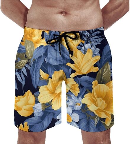 Men's Blue Base Yellow Floral Swim Trunks, Quick-Dry Beach Shorts, Bathing Suit with Mesh Lining and Pocket in Saudi Arabia