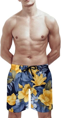 Men's Blue Base Yellow Floral Swim Trunks, Quick-Dry Beach Shorts, Bathing Suit with Mesh Lining and Pocket in Saudi Arabia