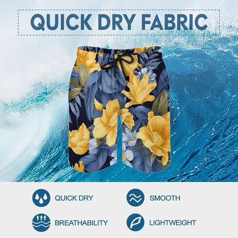 Men's Blue Base Yellow Floral Swim Trunks, Quick-Dry Beach Shorts, Bathing Suit with Mesh Lining and Pocket in Saudi Arabia