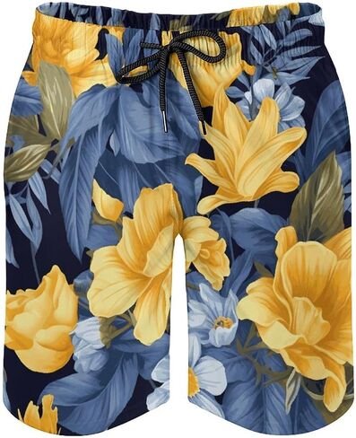 Men's Blue Base Yellow Floral Swim Trunks, Quick-Dry Beach Shorts, Bathing Suit with Mesh Lining and Pocket in Saudi Arabia