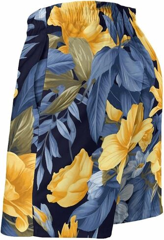 Men's Blue Base Yellow Floral Swim Trunks, Quick-Dry Beach Shorts, Bathing Suit with Mesh Lining and Pocket in Saudi Arabia
