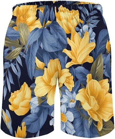Men's Blue Base Yellow Floral Swim Trunks, Quick-Dry Beach Shorts, Bathing Suit with Mesh Lining and Pocket in Saudi Arabia