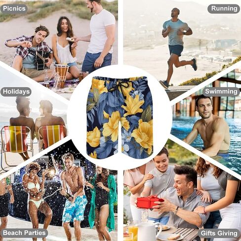 Men's Blue Base Yellow Floral Swim Trunks, Quick-Dry Beach Shorts, Bathing Suit with Mesh Lining and Pocket in Saudi Arabia