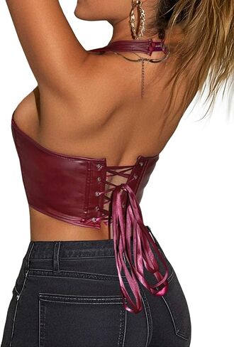 Women's Y2K Leather Halter Top Backless Corset Bustier Top Lace Up Sexy Going Out Crop Tank Halter Neck Party Club in Kuwait