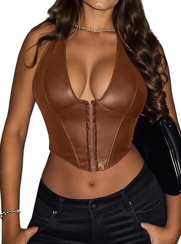 Women's Y2K Leather Halter Top Backless Corset Bustier Top Lace Up Sexy Going Out Crop Tank Halter Neck Party Club in Kuwait