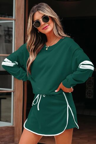 Womens 2 قطعة مجموعات خطوط غير رسمية إسقاط قمم كتف طويلة الأكمام ومطابقة ملابس صالة Skort الرباط in Kuwait