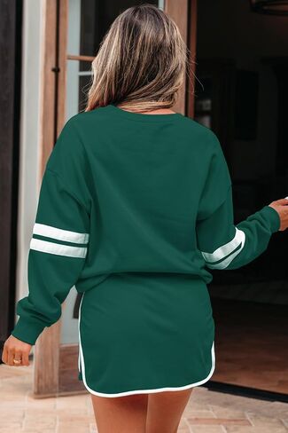 Womens 2 قطعة مجموعات خطوط غير رسمية إسقاط قمم كتف طويلة الأكمام ومطابقة ملابس صالة Skort الرباط in Kuwait