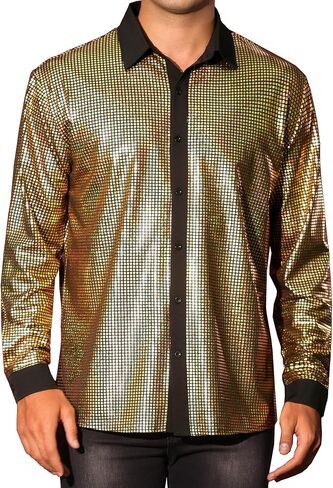 Lars Amadeus 70s Disco Shirts for Men's Long Sleeves Button Down Shiny Party Prom 70s Disco Sequins Shirt in Saudi Arabia