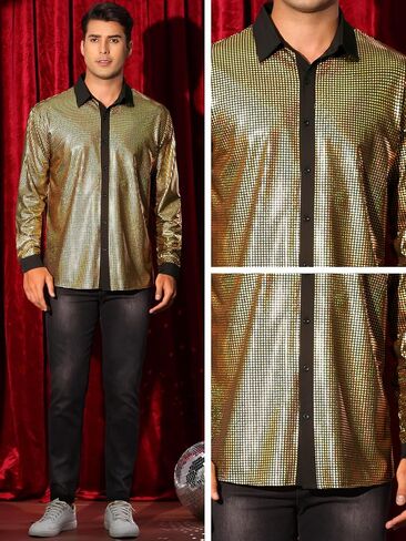 Lars Amadeus 70s Disco Shirts for Men's Long Sleeves Button Down Shiny Party Prom 70s Disco Sequins Shirt in Saudi Arabia