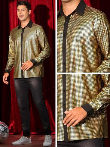 Lars Amadeus 70s Disco Shirts for Men's Long Sleeves Button Down Shiny Party Prom 70s Disco Sequins Shirt in Saudi Arabia