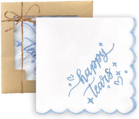 Happy Tears Handkerchief, White Embroidered Wedding Party Accessory Bridesmaid Gift Something Blue in Saudi Arabia