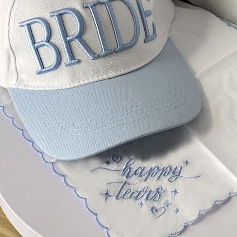 Happy Tears Handkerchief, White Embroidered Wedding Party Accessory Bridesmaid Gift Something Blue in Saudi Arabia