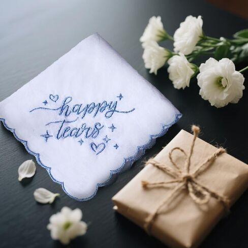 Happy Tears Handkerchief, White Embroidered Wedding Party Accessory Bridesmaid Gift Something Blue in Saudi Arabia