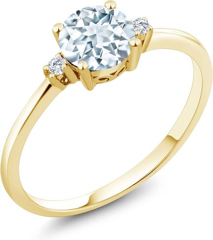 Gem Stone King 10K Yellow Gold Sky Blue Aquamarine and White Lab Grown Diamond 3-Stone Engagement Ring For Women (0.78 Cttw, Round 6MM, Gemstone March Birthstone, Available in Size 5,6,7,8,9) in Saudi Arabia