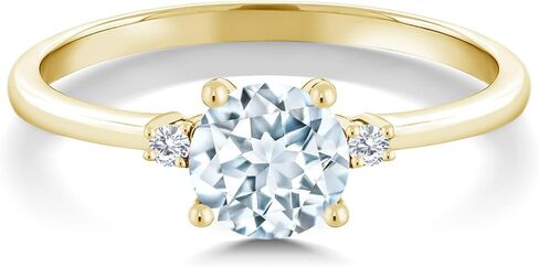 Gem Stone King 10K Yellow Gold Sky Blue Aquamarine and White Lab Grown Diamond 3-Stone Engagement Ring For Women (0.78 Cttw, Round 6MM, Gemstone March Birthstone, Available in Size 5,6,7,8,9) in Saudi Arabia