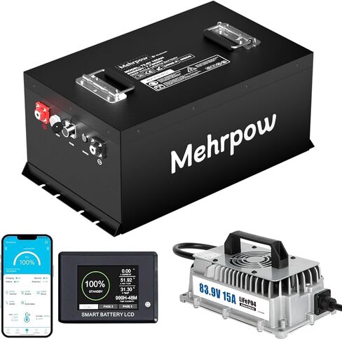 72V 105Ah LiFePO4 battery, built-in Bluetooth 200A BMS and LCD display, IP65 waterproof and dustproof, 83.9V 15A lithium battery charger, perfect for large golf carts (72V105AH with charger) in Saudi Arabia