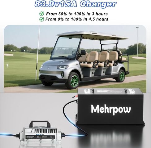 72V 105Ah LiFePO4 battery, built-in Bluetooth 200A BMS and LCD display, IP65 waterproof and dustproof, 83.9V 15A lithium battery charger, perfect for large golf carts (72V105AH with charger) in Saudi Arabia