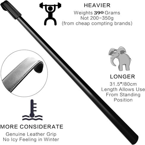 31.5inch Extra Long Handled Metal Shoe Horn,Extra Long Stainless Steel Shoe Spoon for Back Pain,Steel Shoehorn For Boots,Shoehorn for Elderly, Senior, Children, Pregnant Women-Black & Heavy Duty in Kuwait