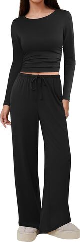 مجموعة صالة Ekouaer للسيدات المكونة من قطعة 2 مجموعة من Pajama مجموعة طويلة الأكمام Ruched الخصر أعلى ومسارات الساق العريضة سقوط ملابس مع جيوب in Saudi Arabia