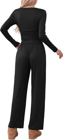 مجموعة صالة Ekouaer للسيدات المكونة من قطعة 2 مجموعة من Pajama مجموعة طويلة الأكمام Ruched الخصر أعلى ومسارات الساق العريضة سقوط ملابس مع جيوب in Saudi Arabia