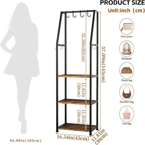 Tall Narrow Purse Rack Stand for Small Spaces, 3-Tier Floor Standing Handbag Organizer with 8 Adjustable Hooks, Space-Saving Purse Display Shelf for Closet, Bedroom, Entryway (Rustic Brown) in Saudi Arabia