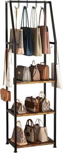 Tall Narrow Purse Rack Stand for Small Spaces, 3-Tier Floor Standing Handbag Organizer with 8 Adjustable Hooks, Space-Saving Purse Display Shelf for Closet, Bedroom, Entryway (Rustic Brown) in Saudi Arabia