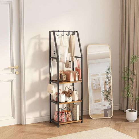 Tall Narrow Purse Rack Stand for Small Spaces, 3-Tier Floor Standing Handbag Organizer with 8 Adjustable Hooks, Space-Saving Purse Display Shelf for Closet, Bedroom, Entryway (Rustic Brown) in Saudi Arabia