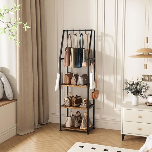 Tall Narrow Purse Rack Stand for Small Spaces, 3-Tier Floor Standing Handbag Organizer with 8 Adjustable Hooks, Space-Saving Purse Display Shelf for Closet, Bedroom, Entryway (Rustic Brown) in Saudi Arabia