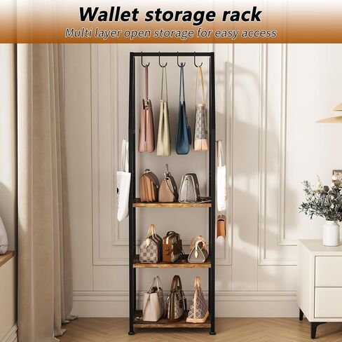 Tall Narrow Purse Rack Stand for Small Spaces, 3-Tier Floor Standing Handbag Organizer with 8 Adjustable Hooks, Space-Saving Purse Display Shelf for Closet, Bedroom, Entryway (Rustic Brown) in Saudi Arabia