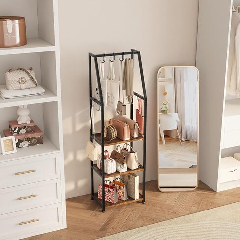Tall Narrow Purse Rack Stand for Small Spaces, 3-Tier Floor Standing Handbag Organizer with 8 Adjustable Hooks, Space-Saving Purse Display Shelf for Closet, Bedroom, Entryway (Rustic Brown) in Saudi Arabia