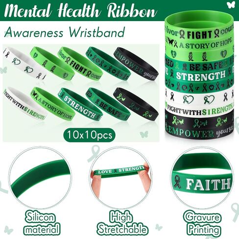 Mental Health Awareness Bracelets Bulk Green Ribbon Silicone Wristband Motivational Green Bracelets Rubber for Men Women Mental Health Awareness Month Gifts in Saudi Arabia