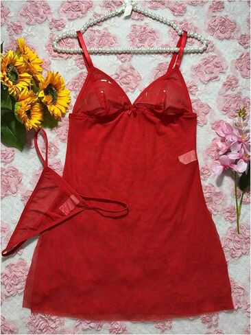 OYOANGLE Women's Sheer Lingerie Set V Neck Side Slit Chemise Nightgown and Thongs See Through Sleepwear in Kuwait