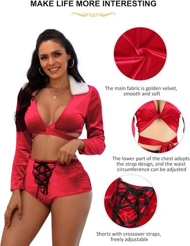 Womens Velvet Christmas Lingerie Set Red Two Piece Outfit with Lace Up Design Long Sleeve Plus Size Nightwear in Saudi Arabia