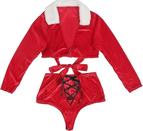 Womens Velvet Christmas Lingerie Set Red Two Piece Outfit with Lace Up Design Long Sleeve Plus Size Nightwear in Saudi Arabia
