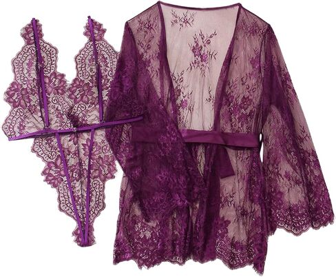 WDIRARA Women's 2 Piece Sleepwear Plus Size Lingerie Set with Sexy Lace Sheer Robe Sets in Saudi Arabia