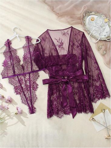 WDIRARA Women's 2 Piece Sleepwear Plus Size Lingerie Set with Sexy Lace Sheer Robe Sets in Saudi Arabia