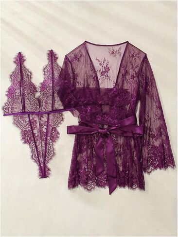WDIRARA Women's 2 Piece Sleepwear Plus Size Lingerie Set with Sexy Lace Sheer Robe Sets in Saudi Arabia